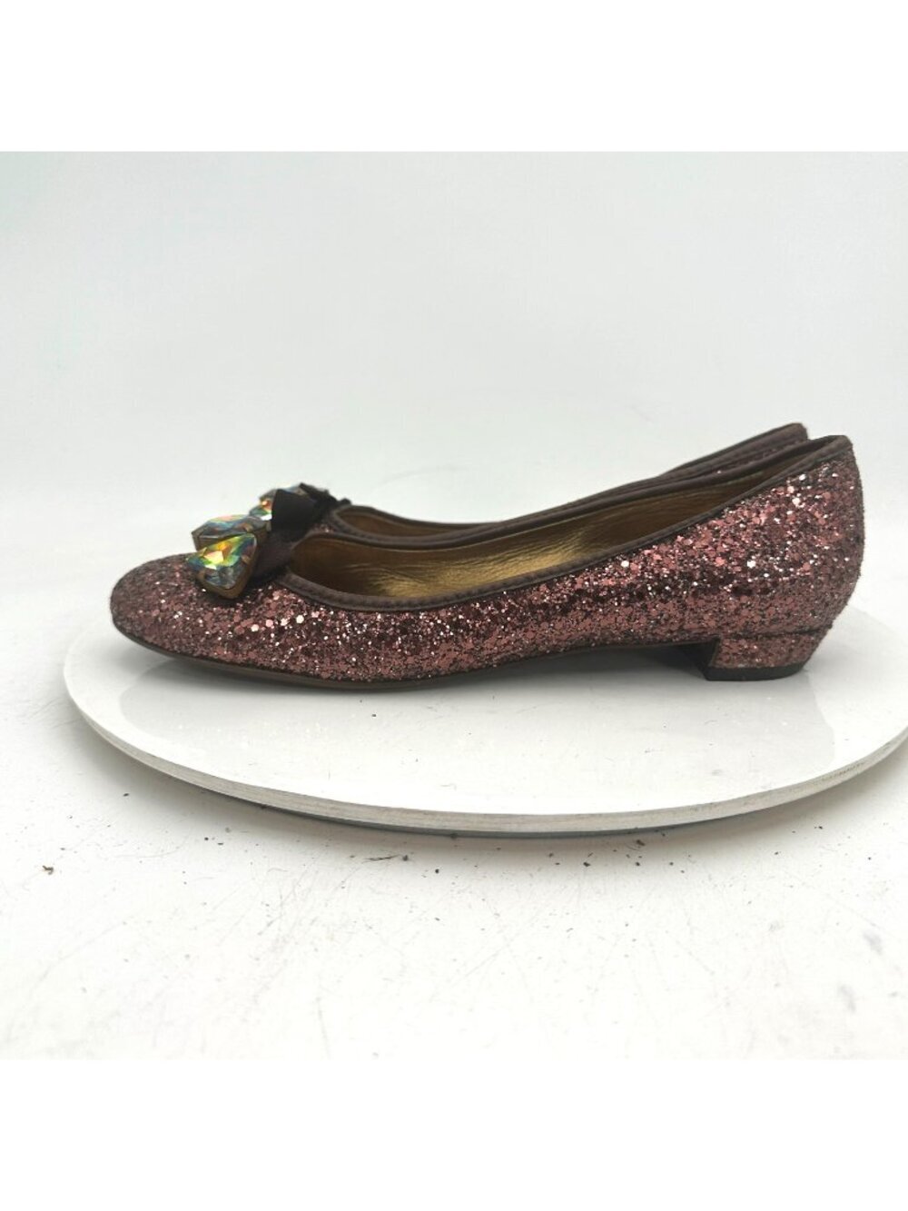 Miu Miu Women Size EU 39.5 US 9.5 Pink Glitter Bow Accents Ballerina Flat Shoes